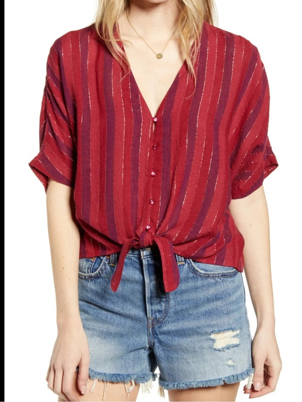 Rails Red Striped Tie-Front Blouse